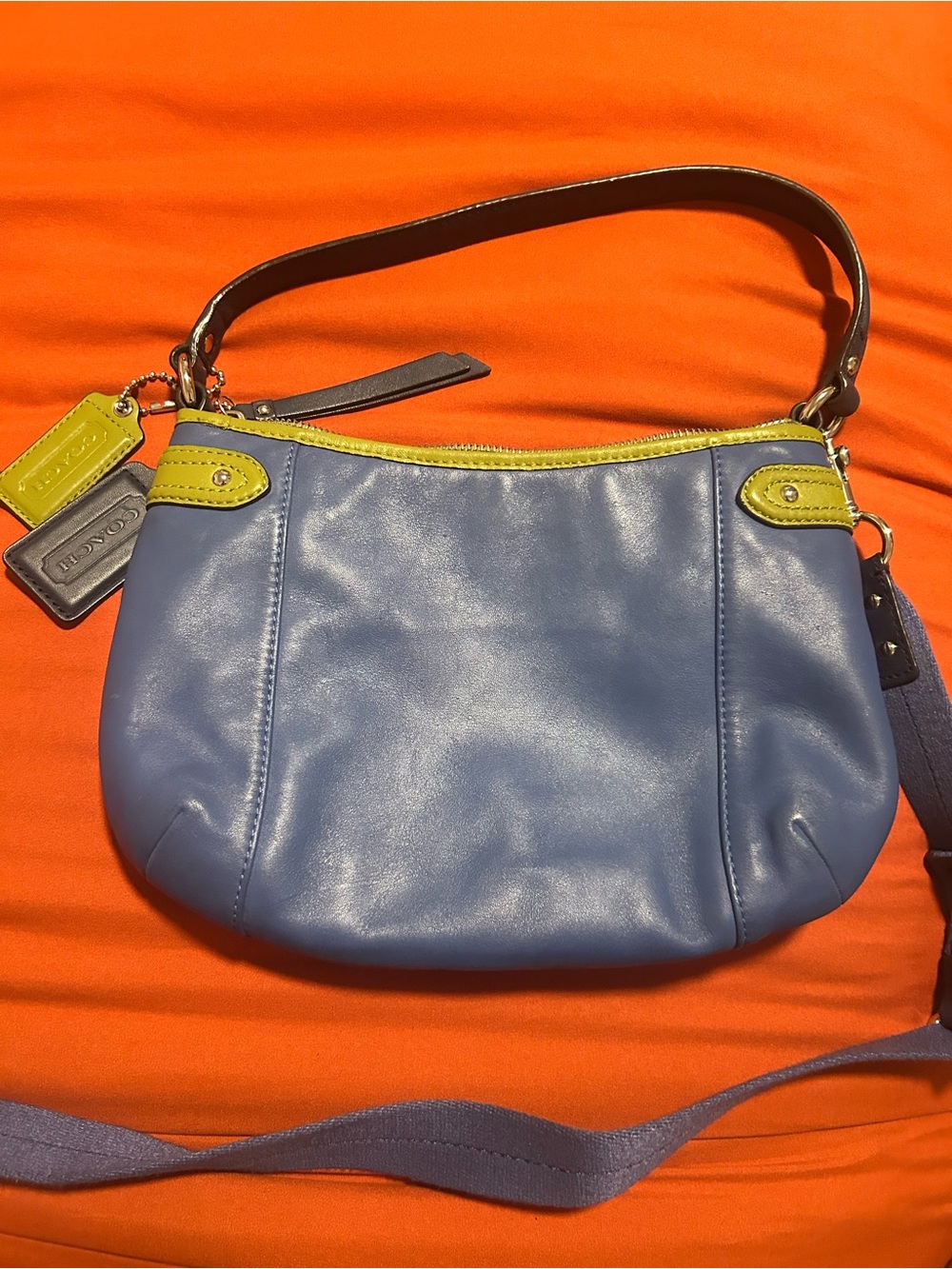 COACH Blue Leather Shoulder Bag with Lime Trim - Picture 5 of 5